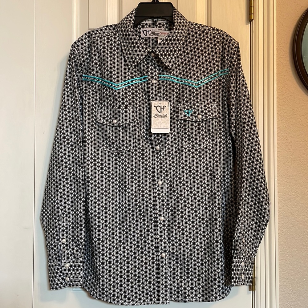 Nwt Cowgirl Hardware Women's Black With White Long Sleeve Shirt